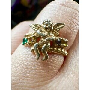 Vintage Michael Anthony 10k Gold genuine sapphire cherub angel ring size 5
